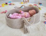 Kosz Mojżesza BOHO bawełniany nosidełko dla lalek z drewnianą kołyską - jasny beż - obrazek 4