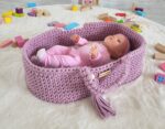 Kosz Mojżesza BOHO bawełniany nosidełko dla lalek z drewnianą kołyską - lawenda - obrazek 5